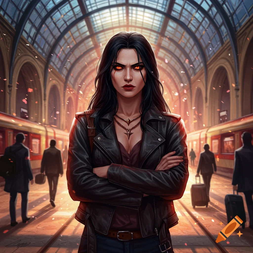 A stern woman with glowing orange eyes and dark hair, wearing a black leather jacket, stands with crossed arms in a bustling train station.