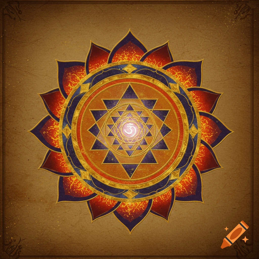 Intricate gold, blue, and red spiritual mandala with a central glowing Om symbol on a textured brown background.