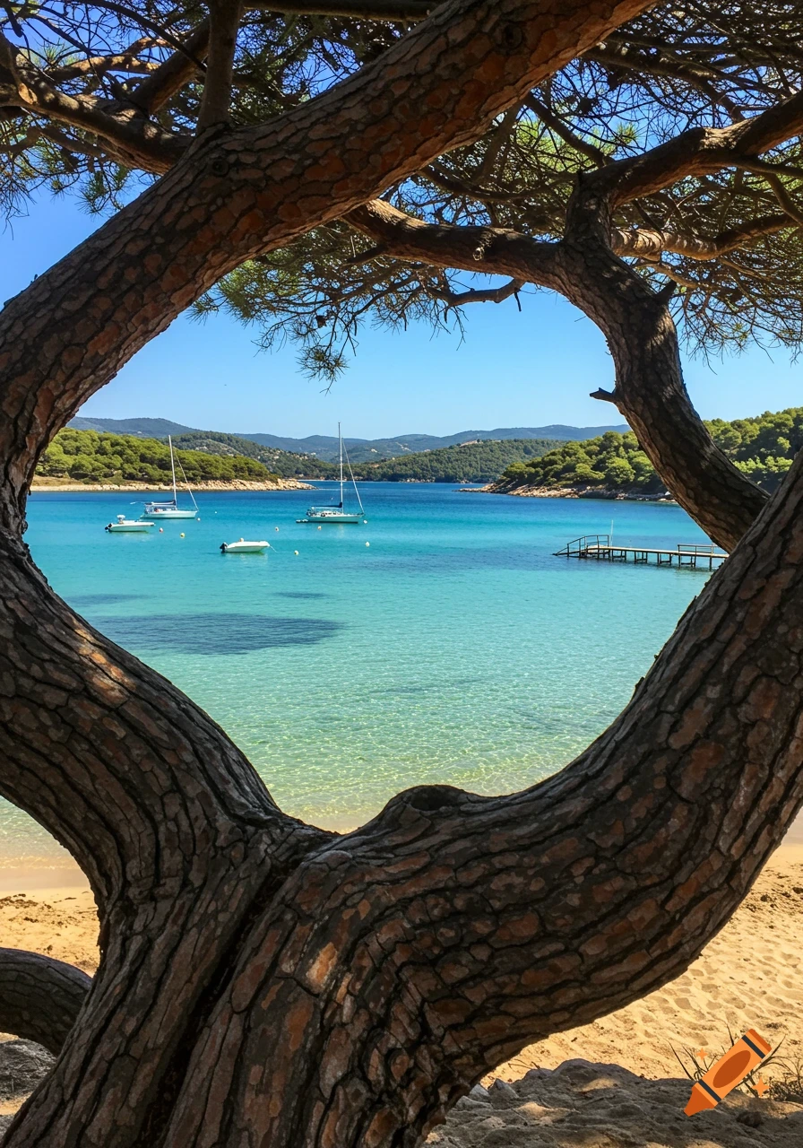 A scenic coastal view framed by a gnarled tree, revealing a bay with boats, a sandy beach, and a pier under a clear blue sky.