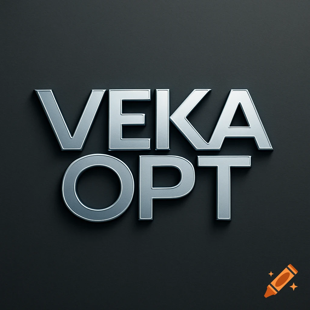 Silver metallic 3D letters spelling VEKA OPT on a dark grey background.