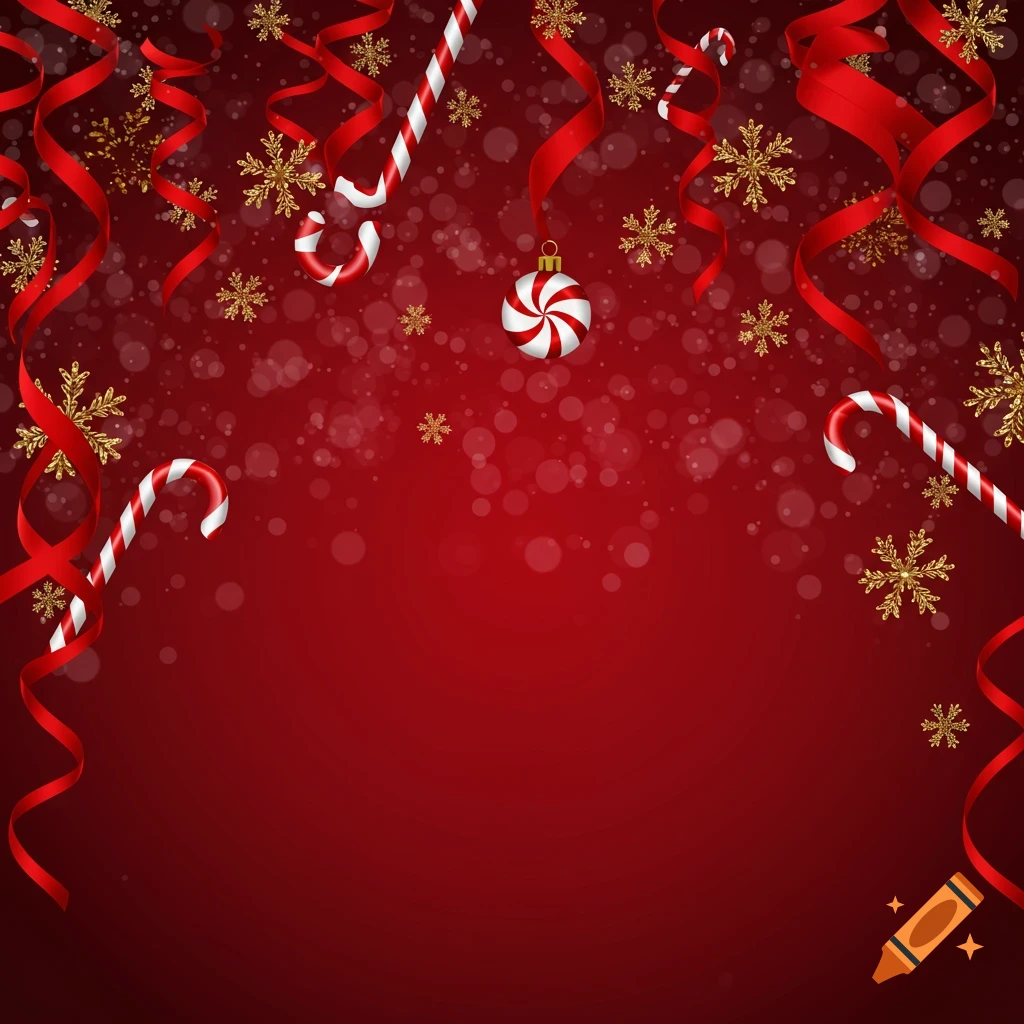A festive red Christmas background with hanging red ribbons, candy canes, golden snowflakes, and a swirl ornament.