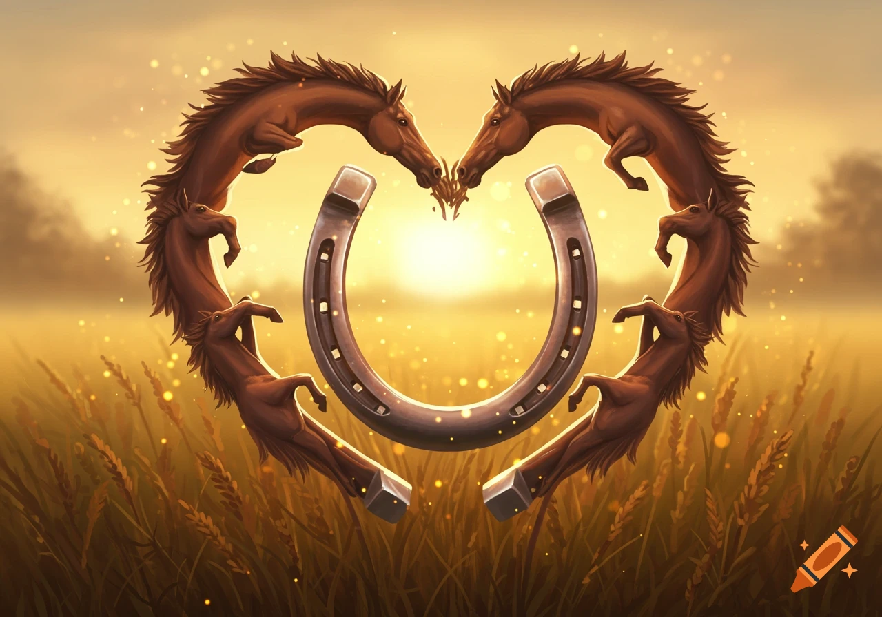 A stylized heart shape formed by two brown horses, with a silver horseshoe in the center, against a golden sunset in a field.