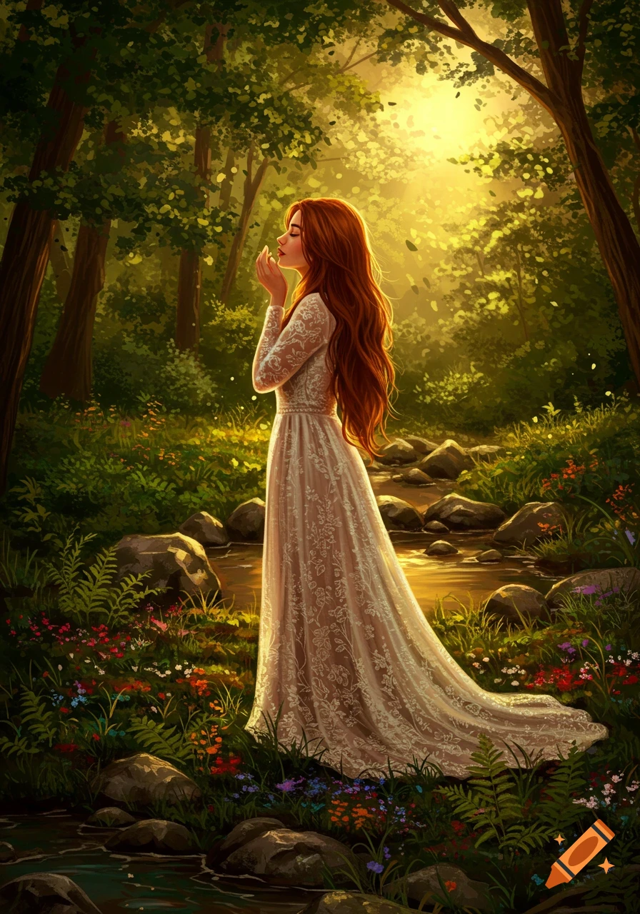 A red-haired woman in a flowing white lace dress stands in a sunlit ...