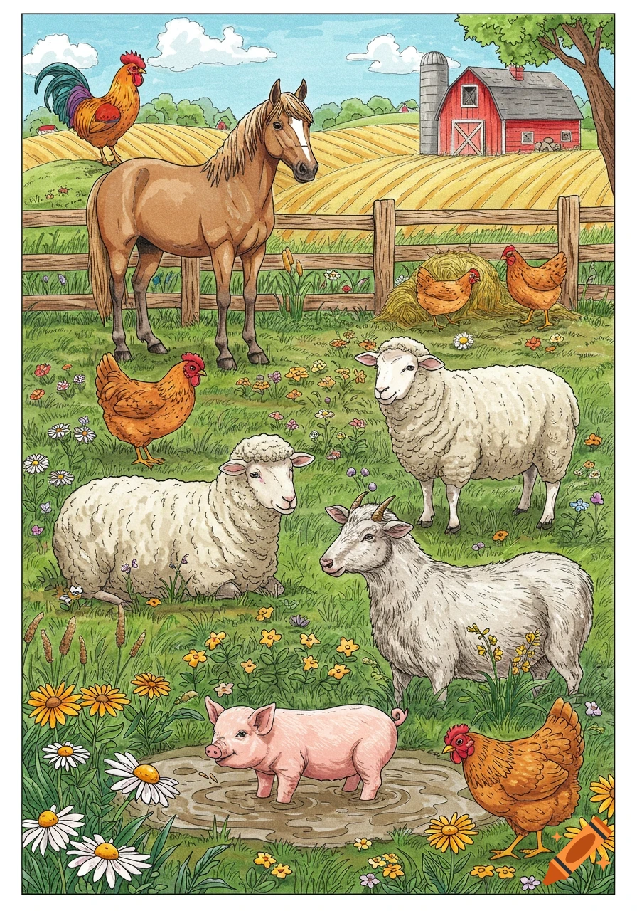 Coloring page illustration of farm animals including a horse, rooster, chickens, sheep, goat, and pig in a field with a barn.