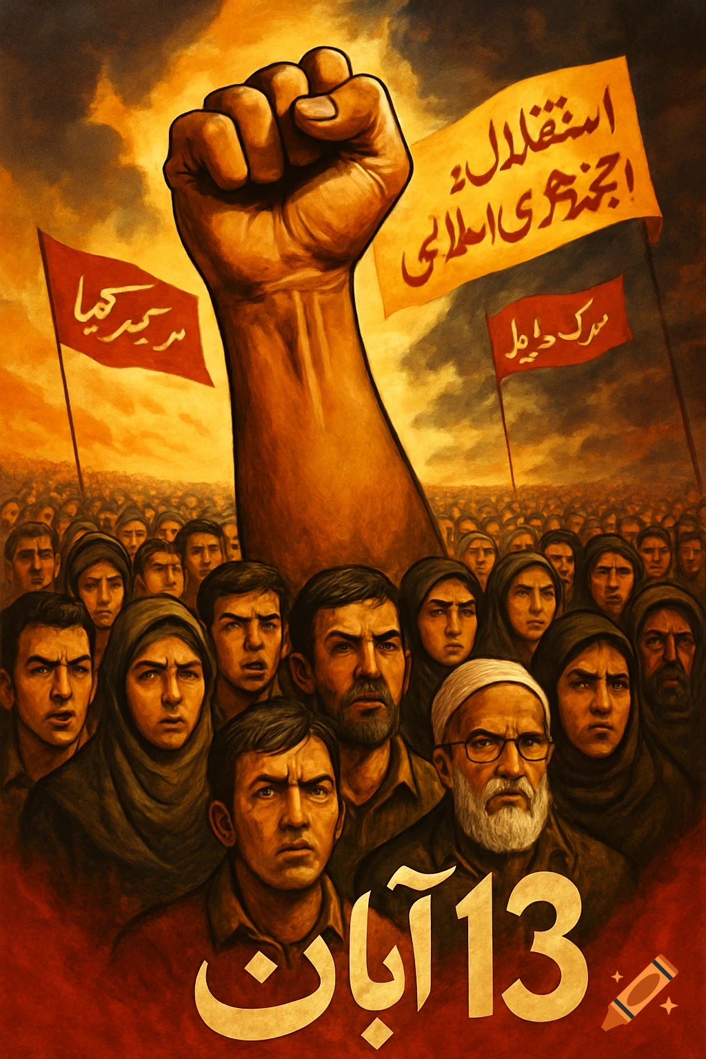 A stylized poster depicts a large, diverse crowd with stern faces, a giant raised fist, and flags bearing Persian text against a fiery sky. The text '13 Aban' is at the bottom.