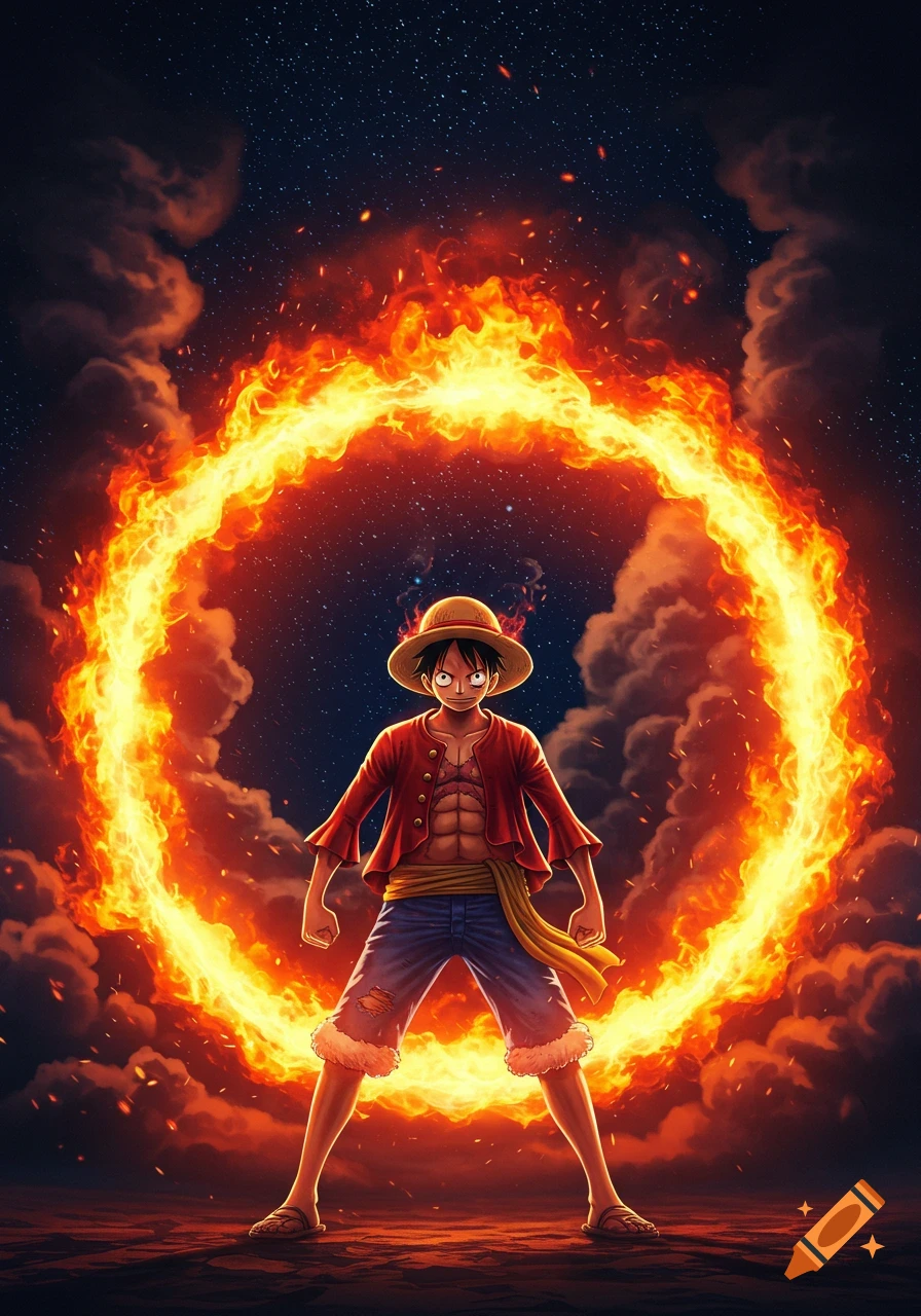 Luffy from One Piece stands in a heroic pose, surrounded by a large, bright ring of fire against a starry night sky.