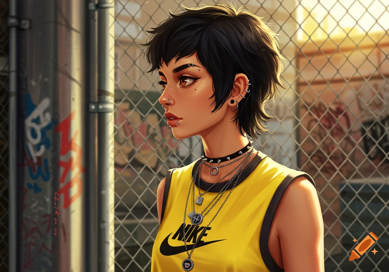 Stylized digital art portrait of a young woman with short black hair and piercings, wearing a yellow Nike vest, looking left against an urban fence.