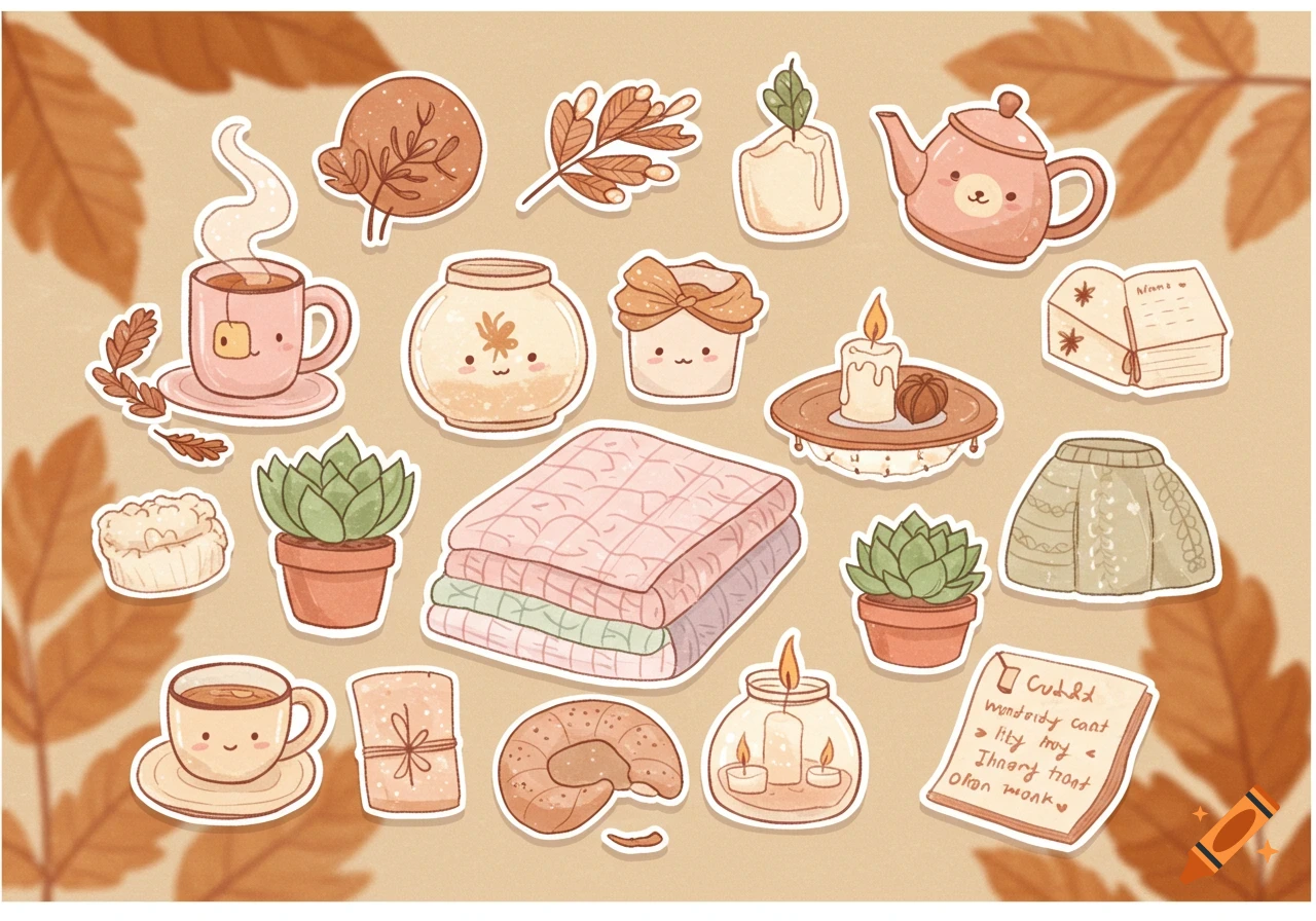 A collection of aesthetic cozy stickers including a steaming teacup, a teapot, candles, potted plants, blankets, a croissant, and a note, all in warm, earthy tones.