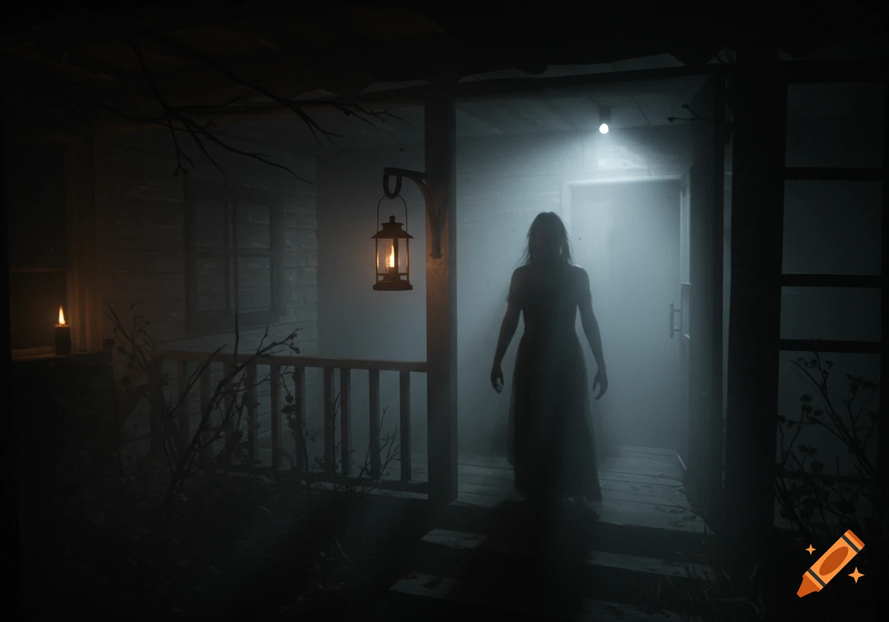 A dark, grainy, and foggy image of a silhouetted woman standing on a porch, illuminated by a lantern and a bright light from behind.