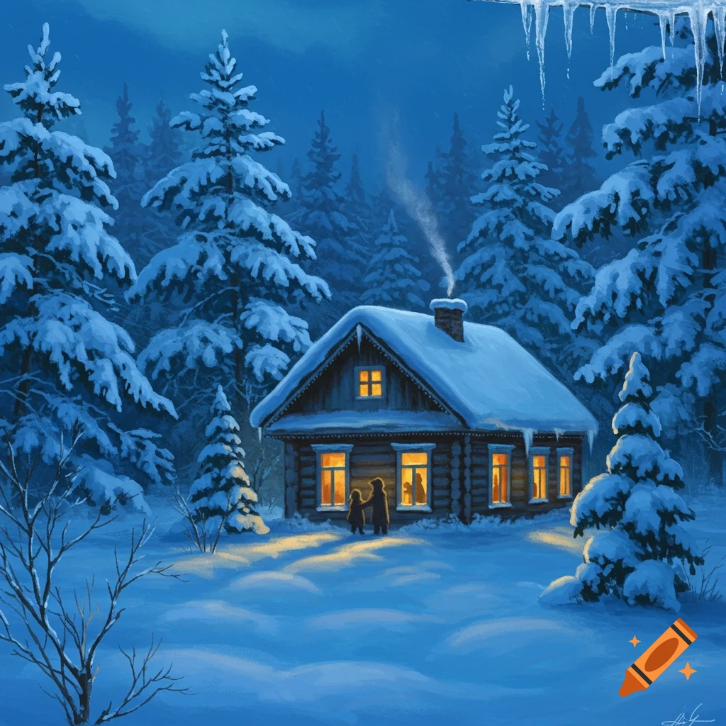 An illustration of a snowy cabin in a winter forest at night, with warm ...