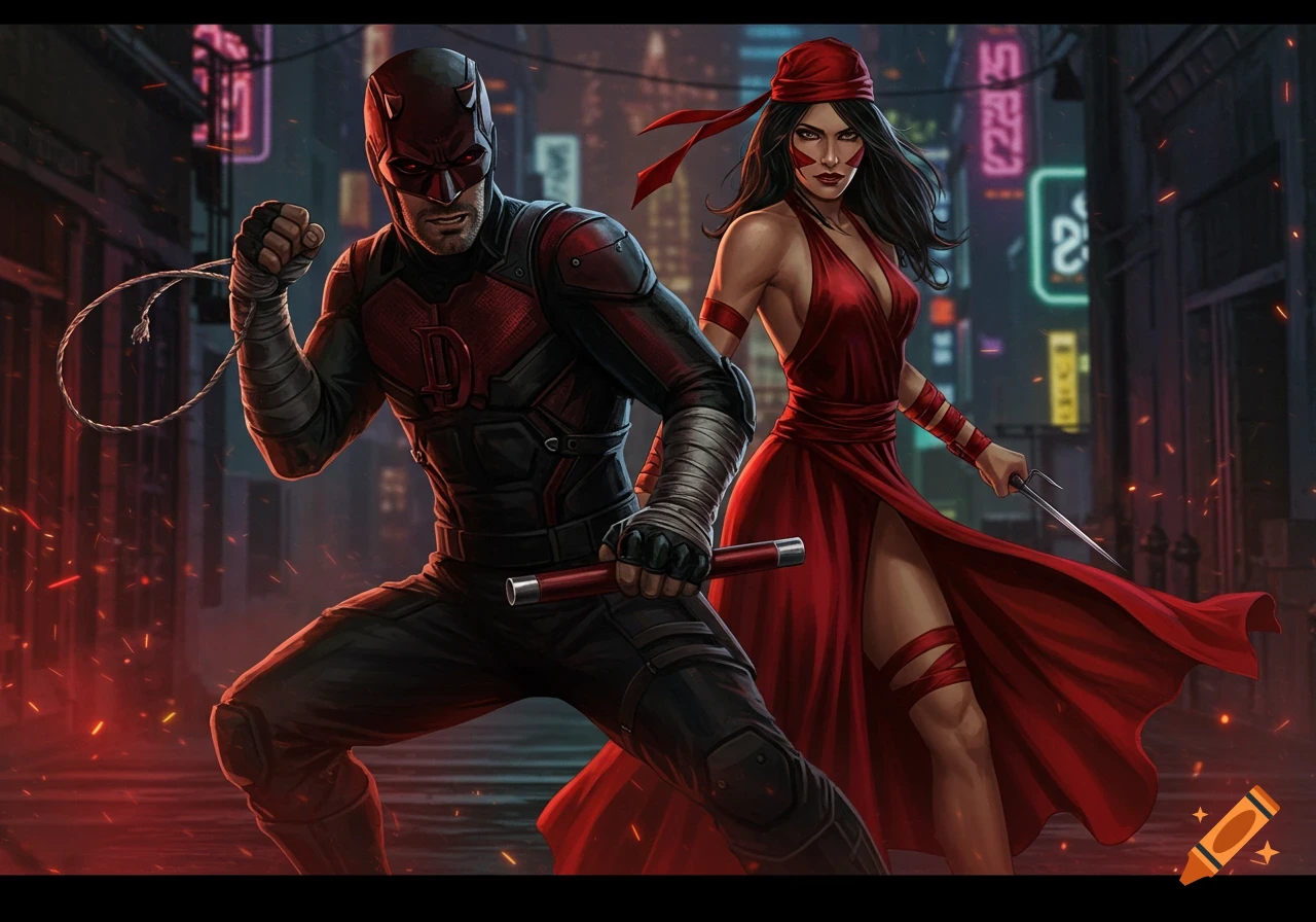 Daredevil in a black suit with his batons and Elektra in a red dress with a sai, posing in a neon-lit city alley, comic art style.