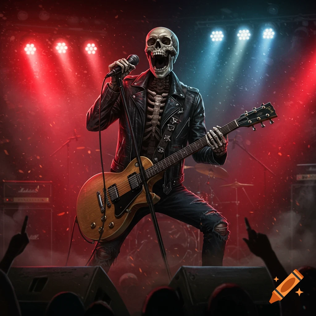 A skeleton in a leather jacket and ripped jeans sings into a microphone while playing an electric guitar on a stage bathed in red and blue lights, with an audience visible in the foreground.