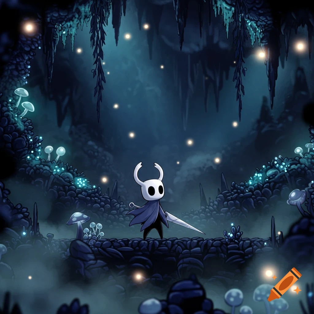 The Hollow Knight character stands with a sword in a dark, glowing cave filled with mushrooms and flora.