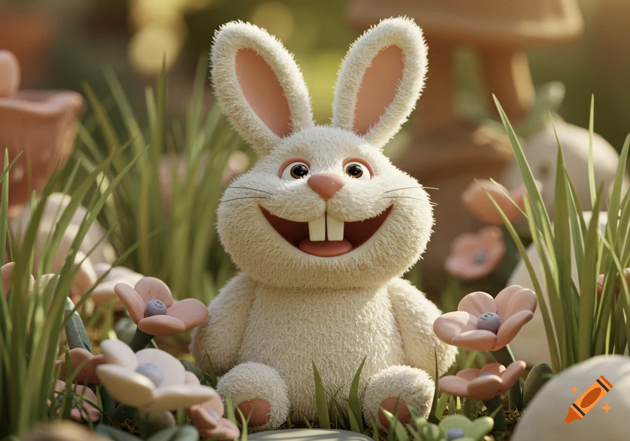 A fluffy white rabbit with a huge smile and buck teeth sits in green grass among pink flowers, rendered in a craft clay style.