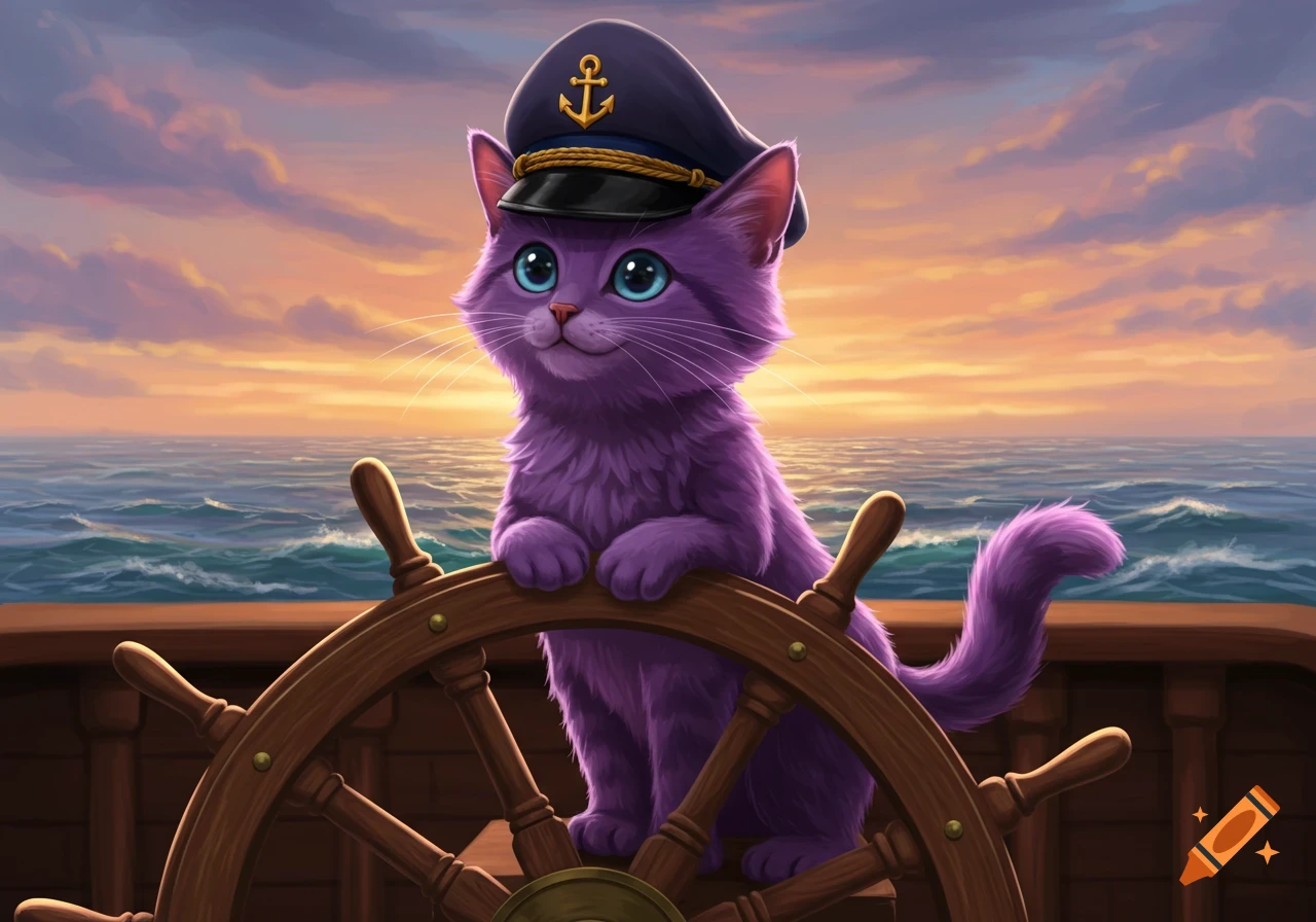 A cute purple cat wearing a captain's hat, standing at a ship's helm overlooking a sunset ocean in a vibrant cartoon style.