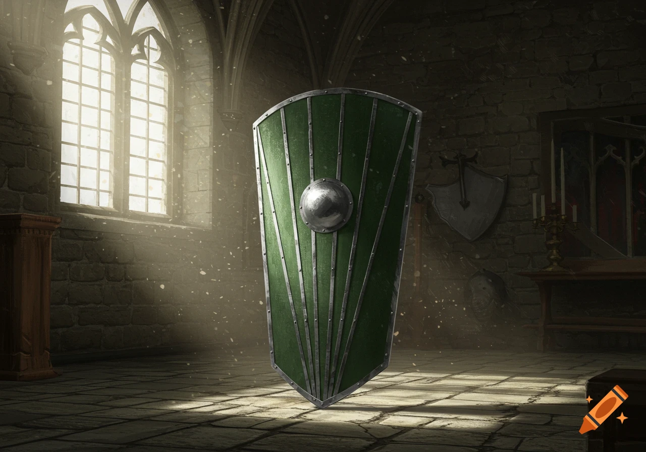 A dark green heater shield with eight silver accent lines stands in a sunlit gothic hall.