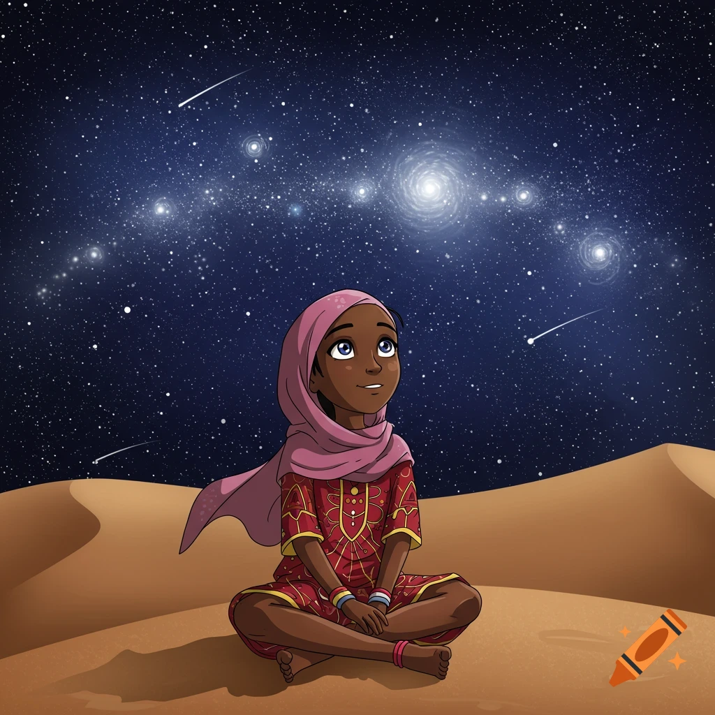 A cartoon Sudanese girl sits cross-legged on a sand dune, looking up at a dark blue night sky filled with a spiral galaxy and many stars.