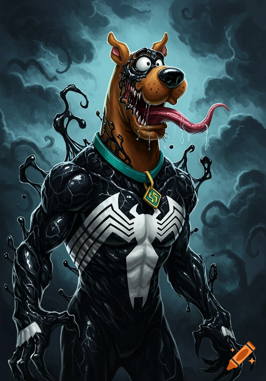 Cartoon Scooby Doo as Venom, a muscular black figure with sharp teeth, long red tongue, and a white spider logo on its chest.