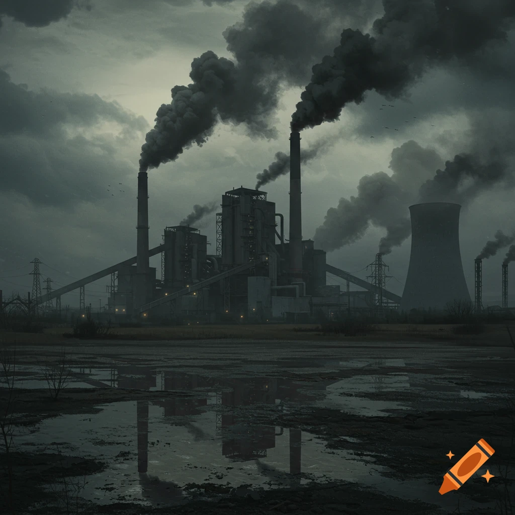 A large industrial factory with tall smokestacks spewing dark smoke under a gloomy sky, reflected in polluted puddles.