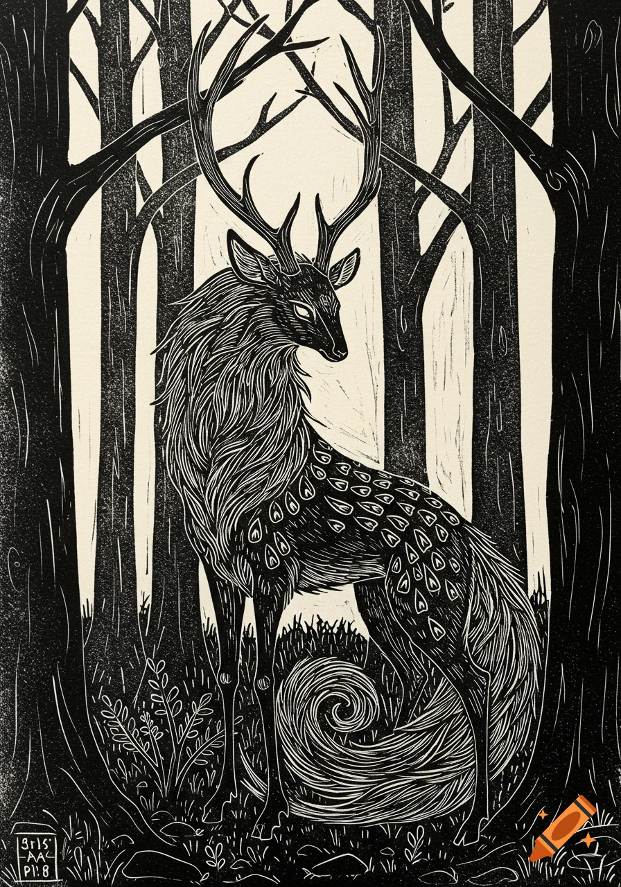 A stylized black and white linocut print of a majestic deer with large antlers standing in a dark forest.