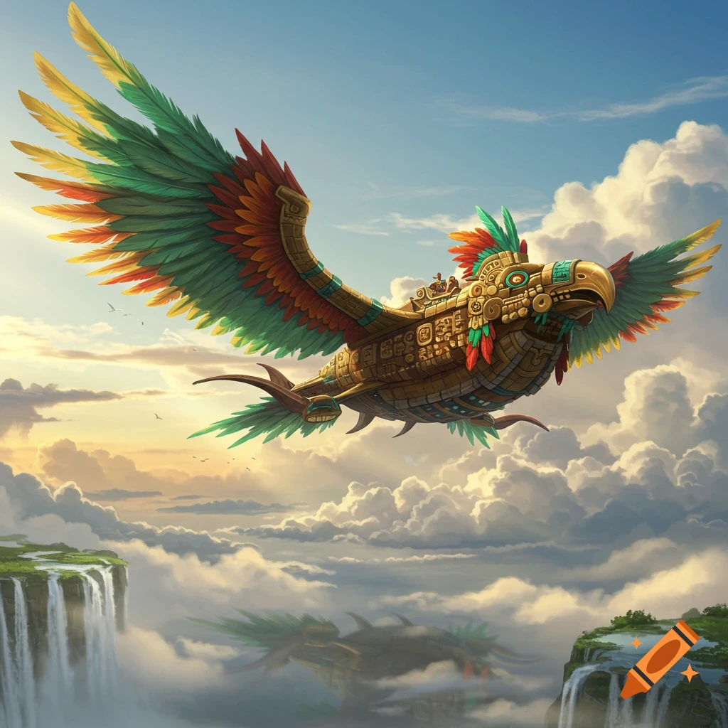An ornate Aztec-style golden bird-aircraft with colorful green, yellow, and red feathers flies through a cloudy sky above misty cliffs and waterfalls.