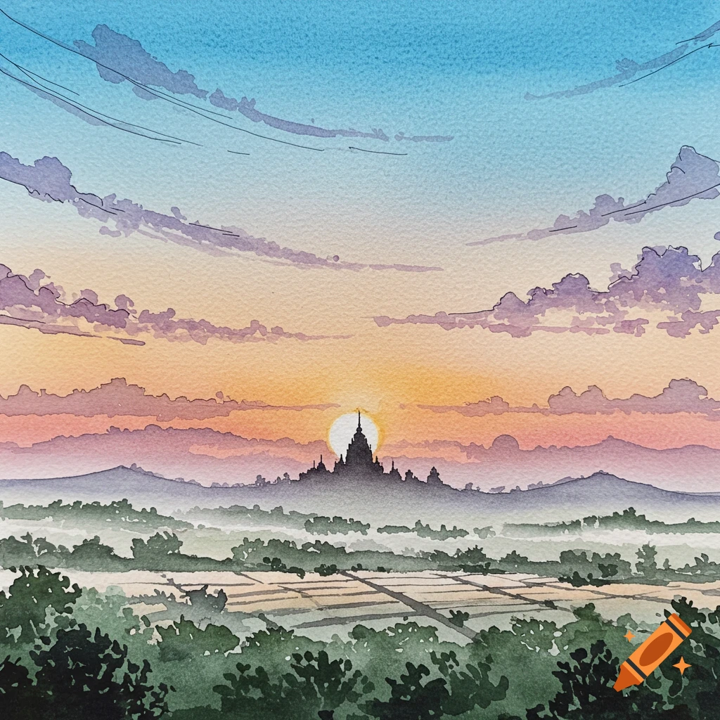 Watercolor and ink painting of a sunrise over a temple silhouette on a hill, with misty fields and trees in the foreground.