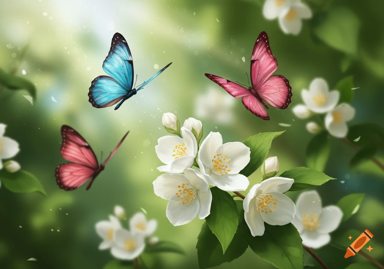 A vibrant illustration of a blue and two pink butterflies flying among white jasmine flowers and green leaves in a sunny setting.