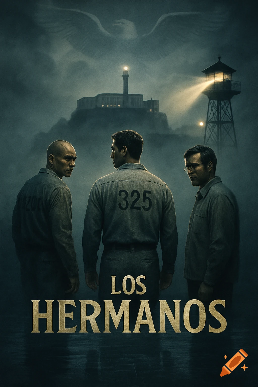 A dramatic movie poster shows three men in prison uniforms standing before a misty Alcatraz, with a ghostly eagle in the sky. The title "LOS HERMANOS" is at the bottom.