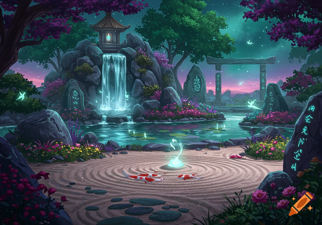 A mystical zen garden with a glowing waterfall, pond, koi fish, and ancient gates under a starry, twilight sky, adorned with magical runes.