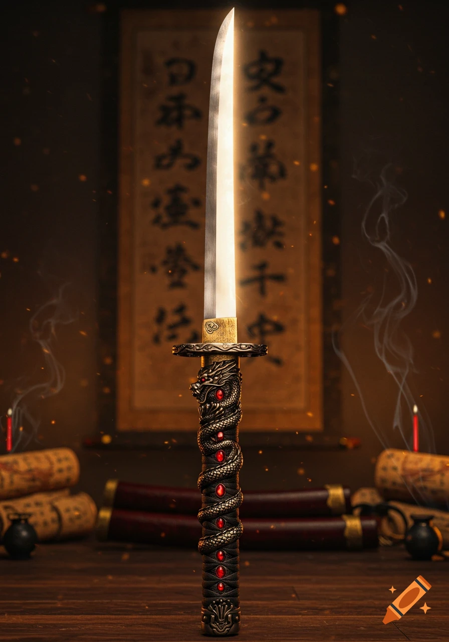 A decorative katana stands upright on a wooden surface, featuring a dragon-wrapped hilt with red jewels and a glowing blade. Scrolls and candles are in the blurry background.