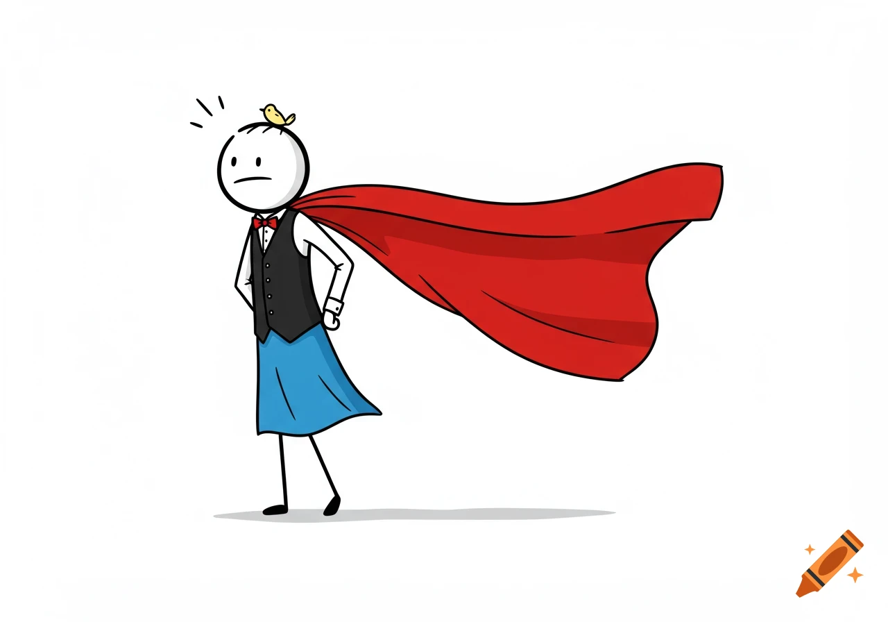 A cartoon stick figure in a white shirt, black vest, blue skirt, and red superhero cape, with a bird on its head.