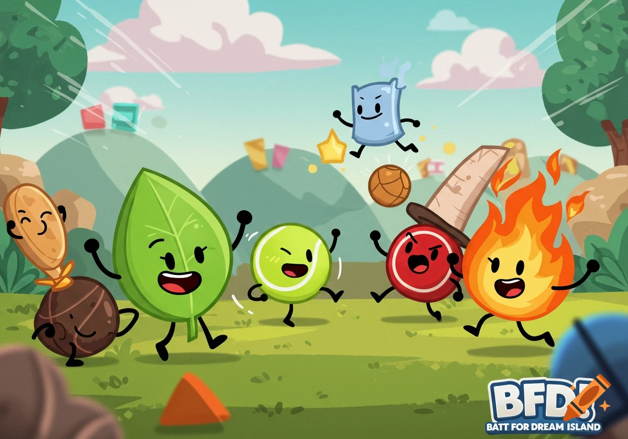 Cartoon characters from BFDI, including a leaf, fire, and tennis ball, happily running in a grassy field.