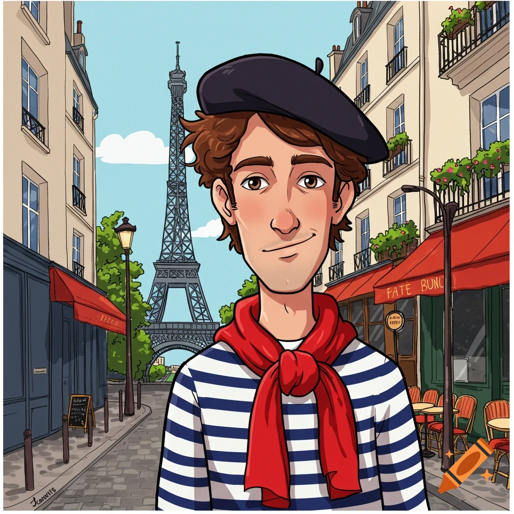 Cartoon man in a striped shirt, red scarf, and beret smiles in front of the Eiffel Tower and Parisian buildings.