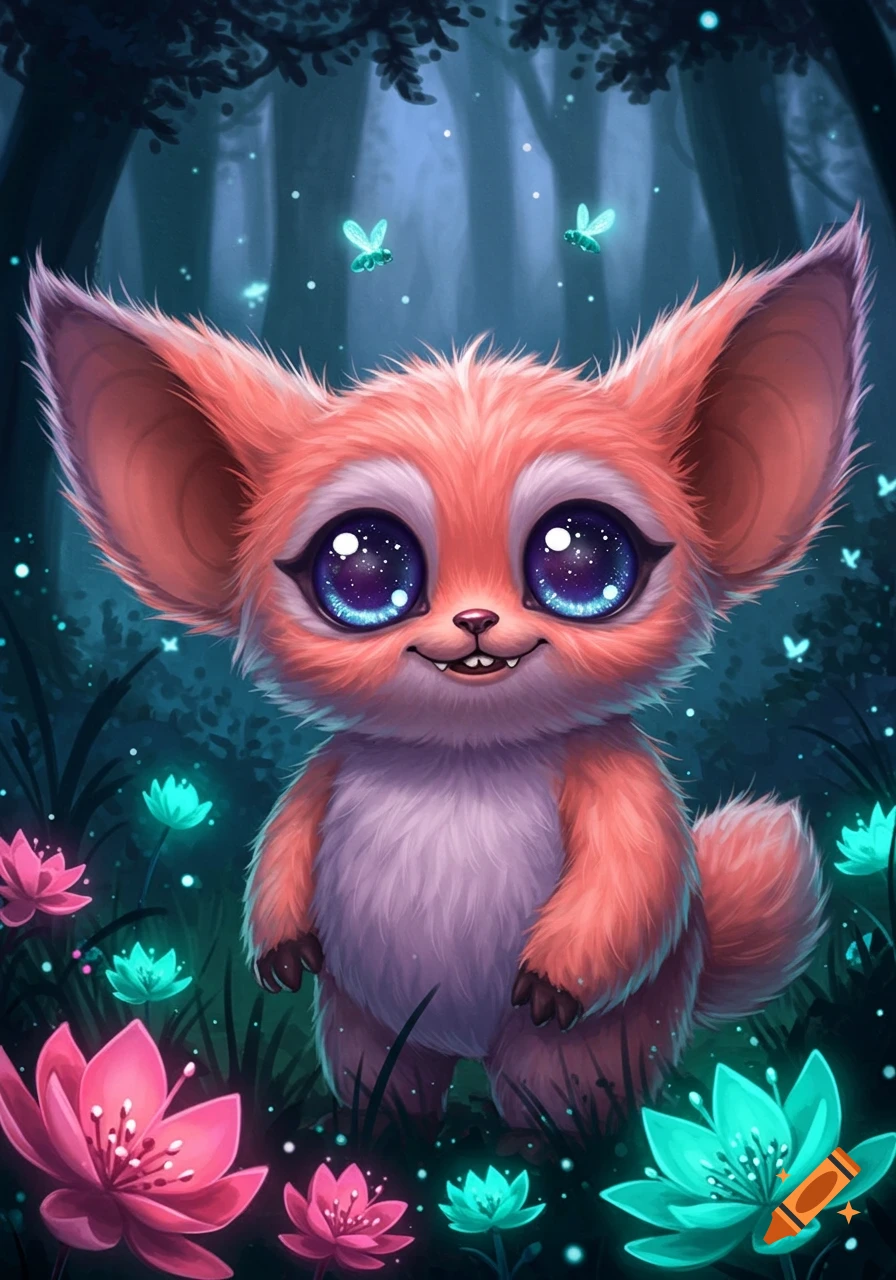 A fluffy, big-eyed, orange and purple cartoon creature smiles in a magical, dark forest with glowing pink and teal lotus flowers and fireflies.