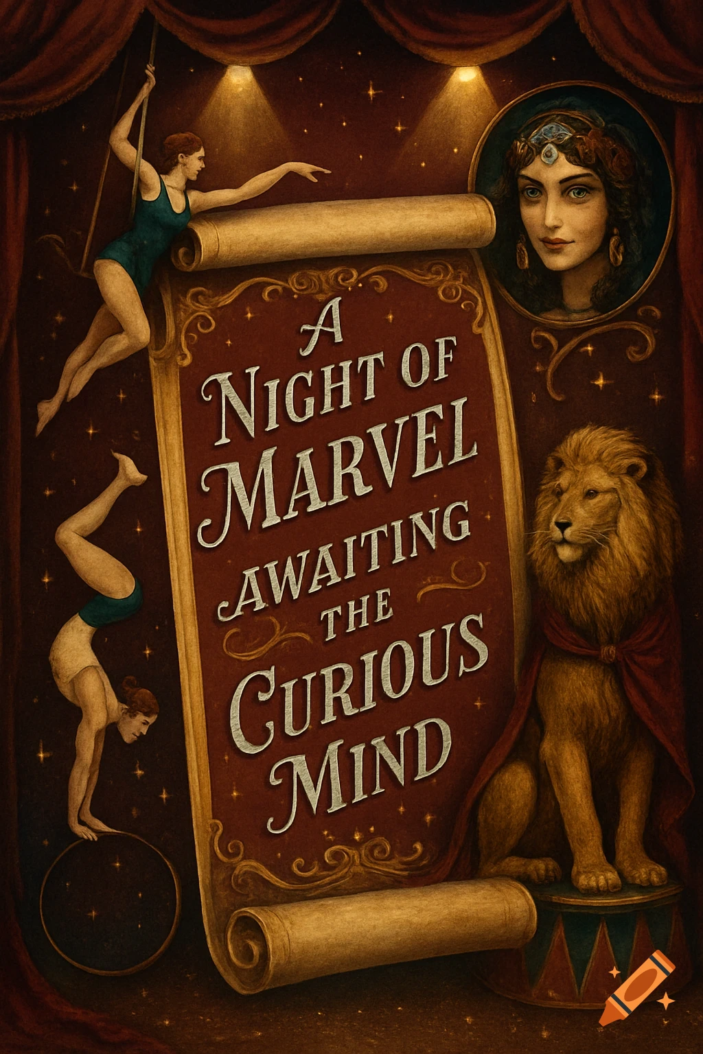 A vintage circus invitation illustration with a scroll reading "A NIGHT OF MARVEL AWAITING THE CURIOUS MIND", surrounded by an aerialist, acrobat, lion in a cape, and a woman's portrait, against a red curtain background.