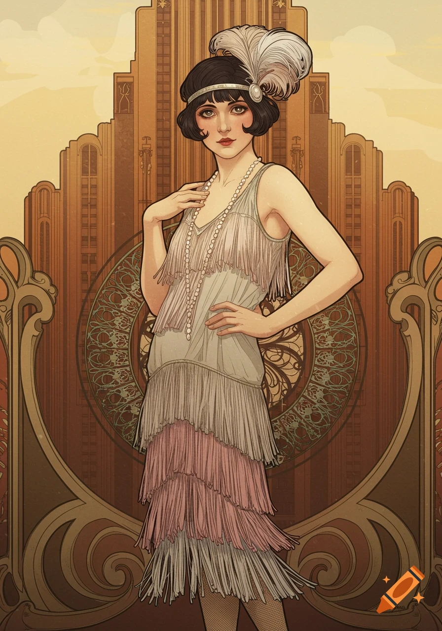 An Art Deco illustration of a flapper woman in a fringed dress and feathered headband, standing before a stylized building.