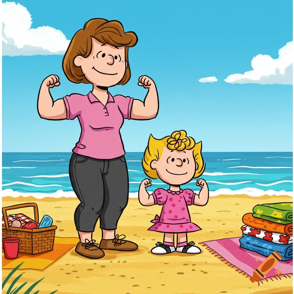 A cartoon mother and daughter from Peanuts flex their muscles on a sunny beach, with a picnic basket and towels nearby.