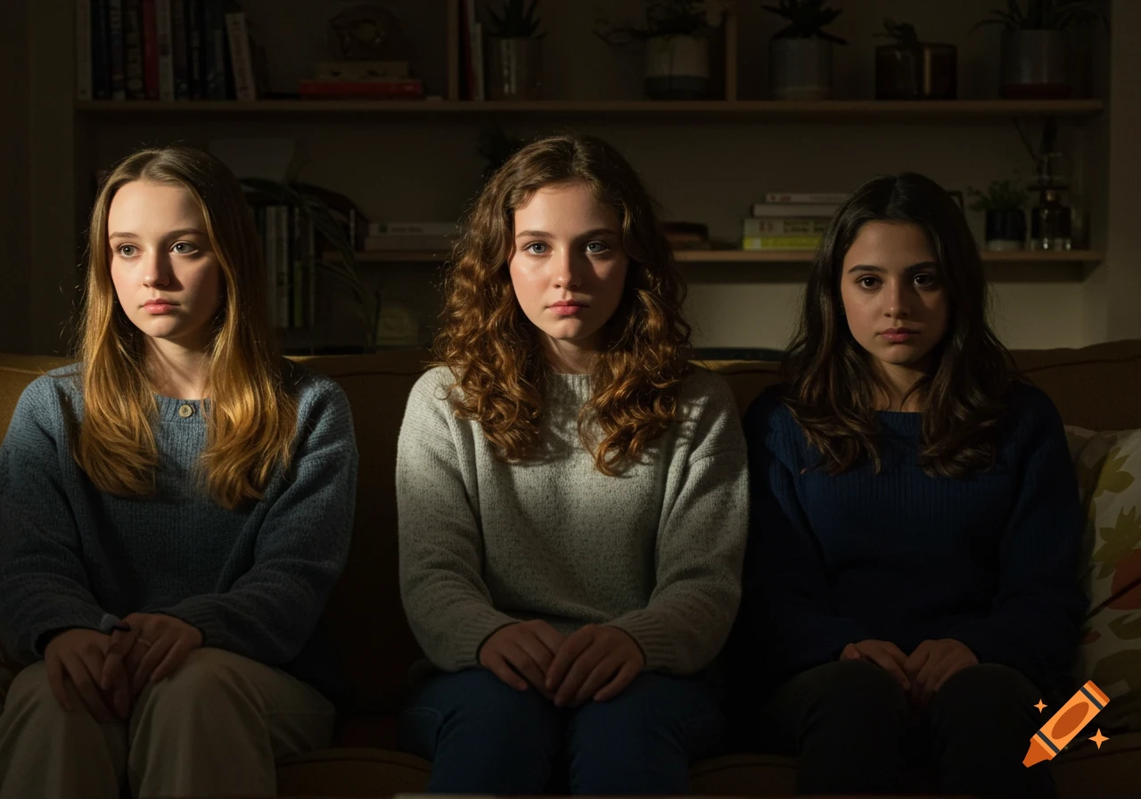 Three young women sit on a couch in a dimly lit room, looking forward with serious expressions.