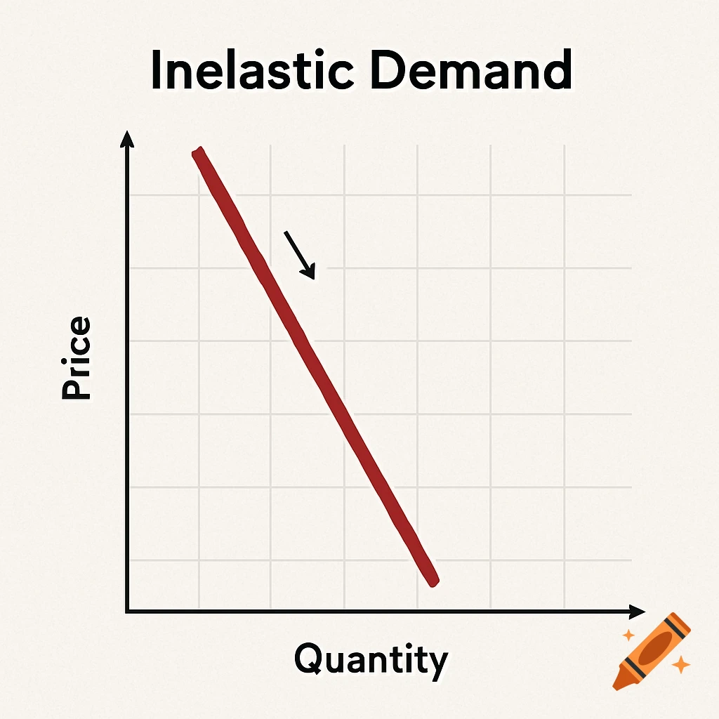 A diagram illustrating inelastic demand with 'Price' on the vertical axis and 'Quantity' on the horizontal axis, featuring a steep downward-sloping red line.