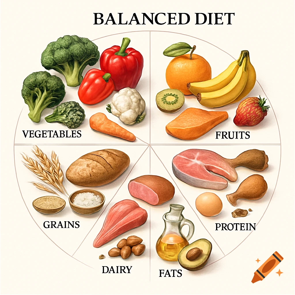 A circular diagram illustrating a balanced diet, divided into sections for vegetables, fruits, grains, dairy, fats, and protein with examples.