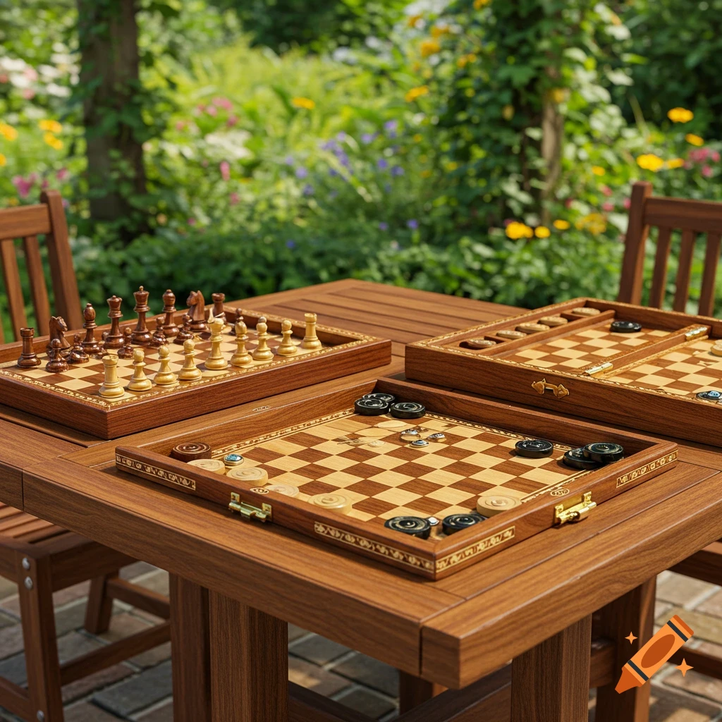 Photorealistic image of a wooden outdoor table with chess, backgammon, and checkers boards set in a sunny garden.