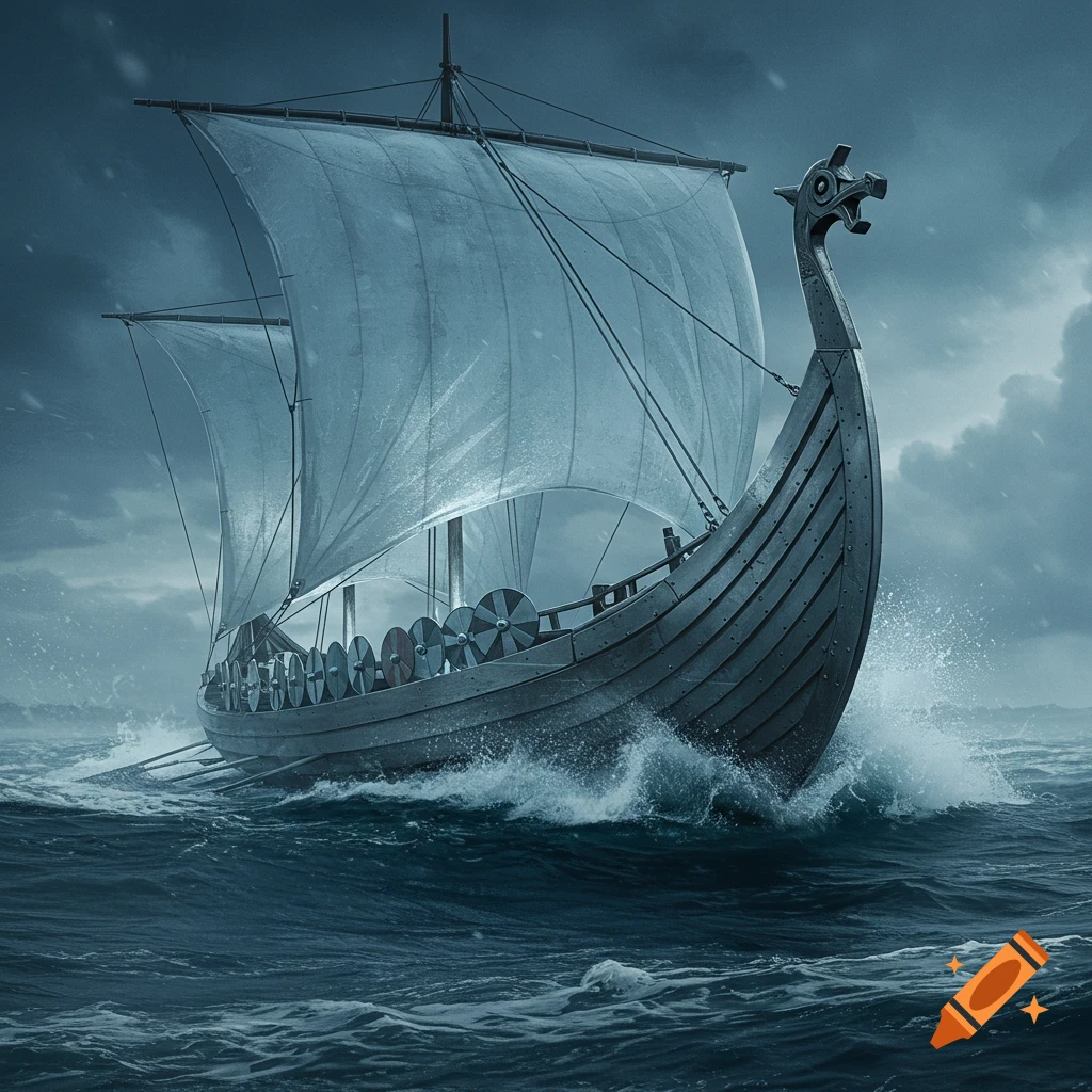 A dramatic, photorealistic depiction of a Viking longship with sails unfurled, battling stormy, choppy seas under a dark, overcast sky.