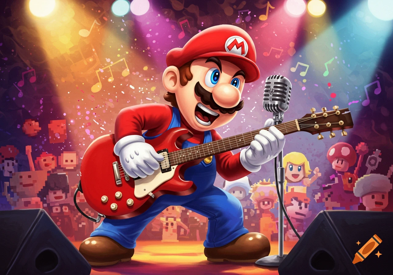 Mario plays a red electric guitar and sings into a microphone on a brightly lit concert stage with a cheering pixelated crowd.
