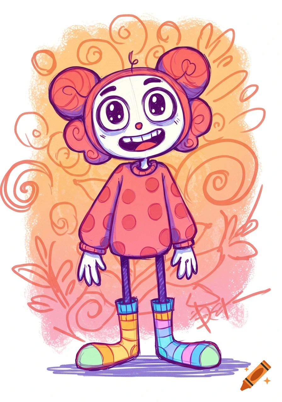 A cheerful cartoon character with big eyes, a red polka-dot sweater, and colorful striped socks stands against a warm, scribbled background.