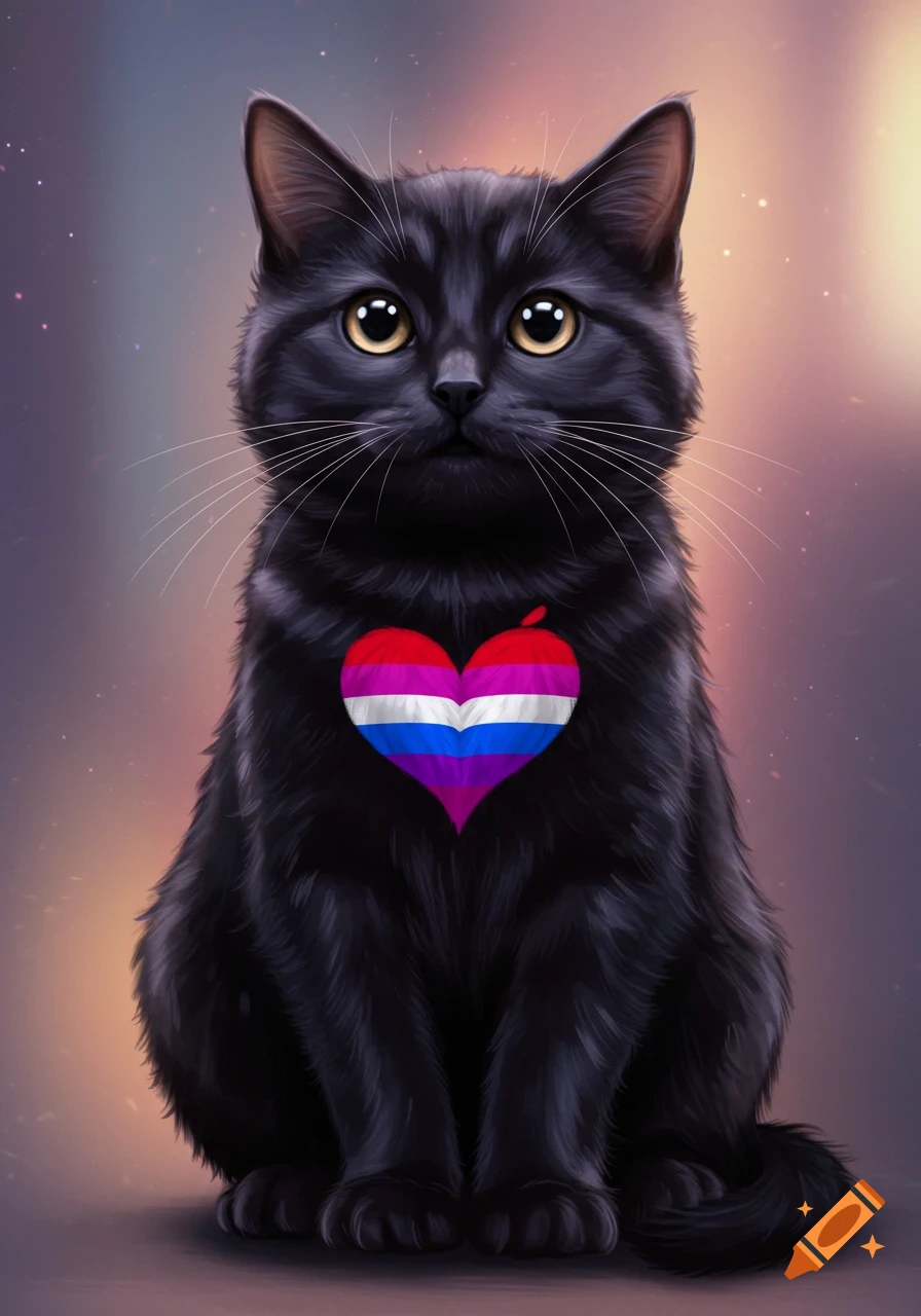 A cute black cat with yellow eyes sitting, featuring a heart on its chest in pink, purple, and blue bisexual pride flag colors.