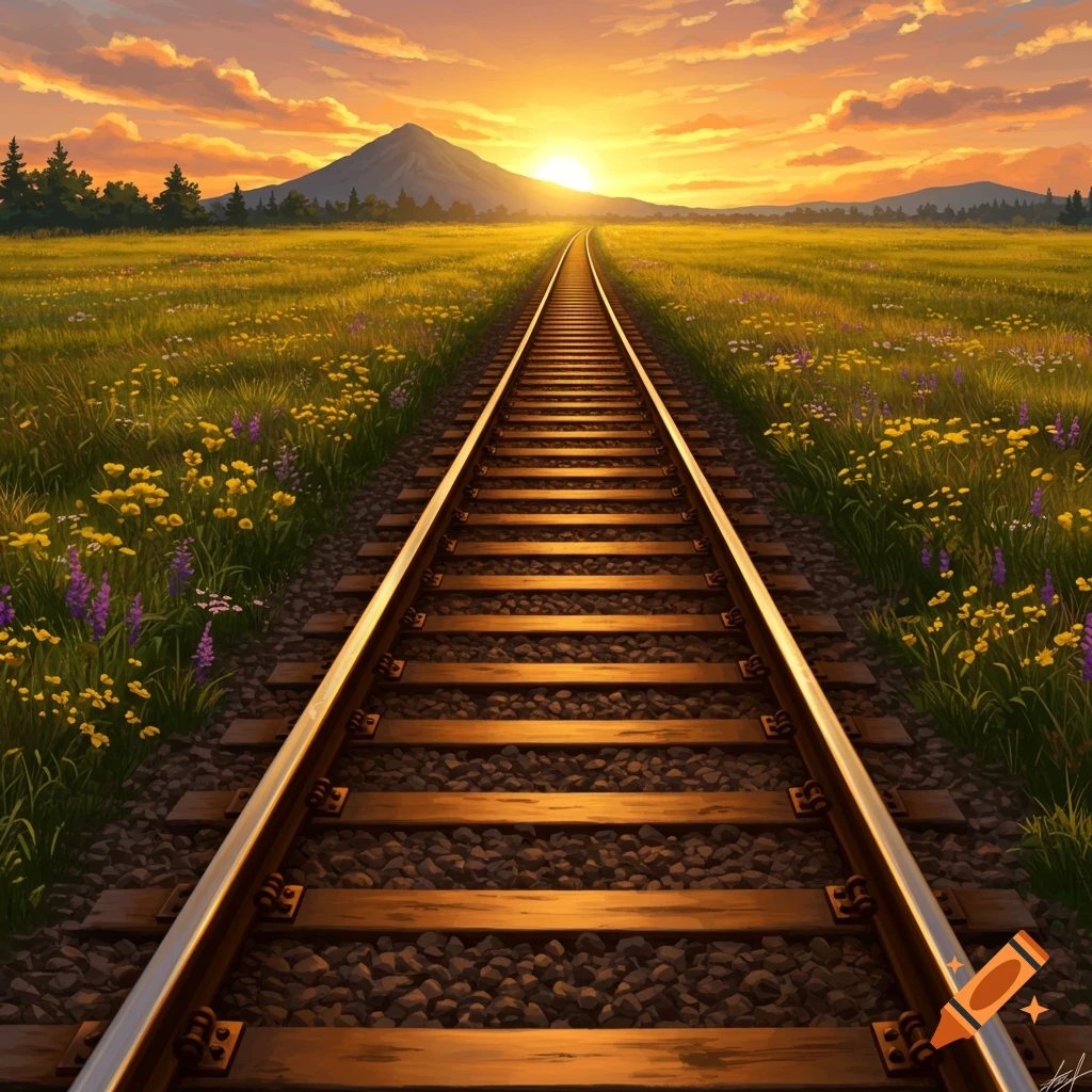 Railroad tracks stretch into the distance through a colorful field of wildflowers towards a mountain at sunset.