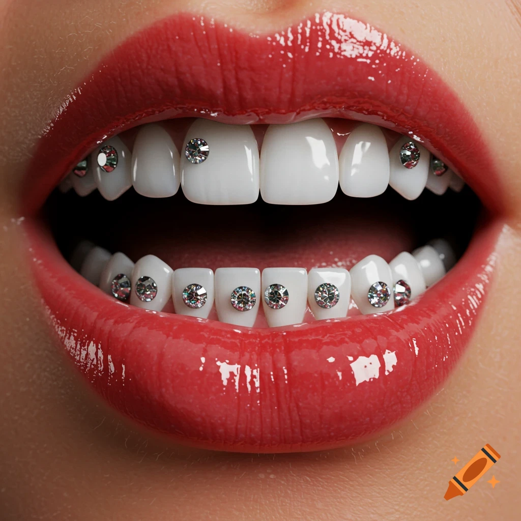 Close-up of a person's glossy red lips smiling, revealing white teeth with sparkling tooth gems.