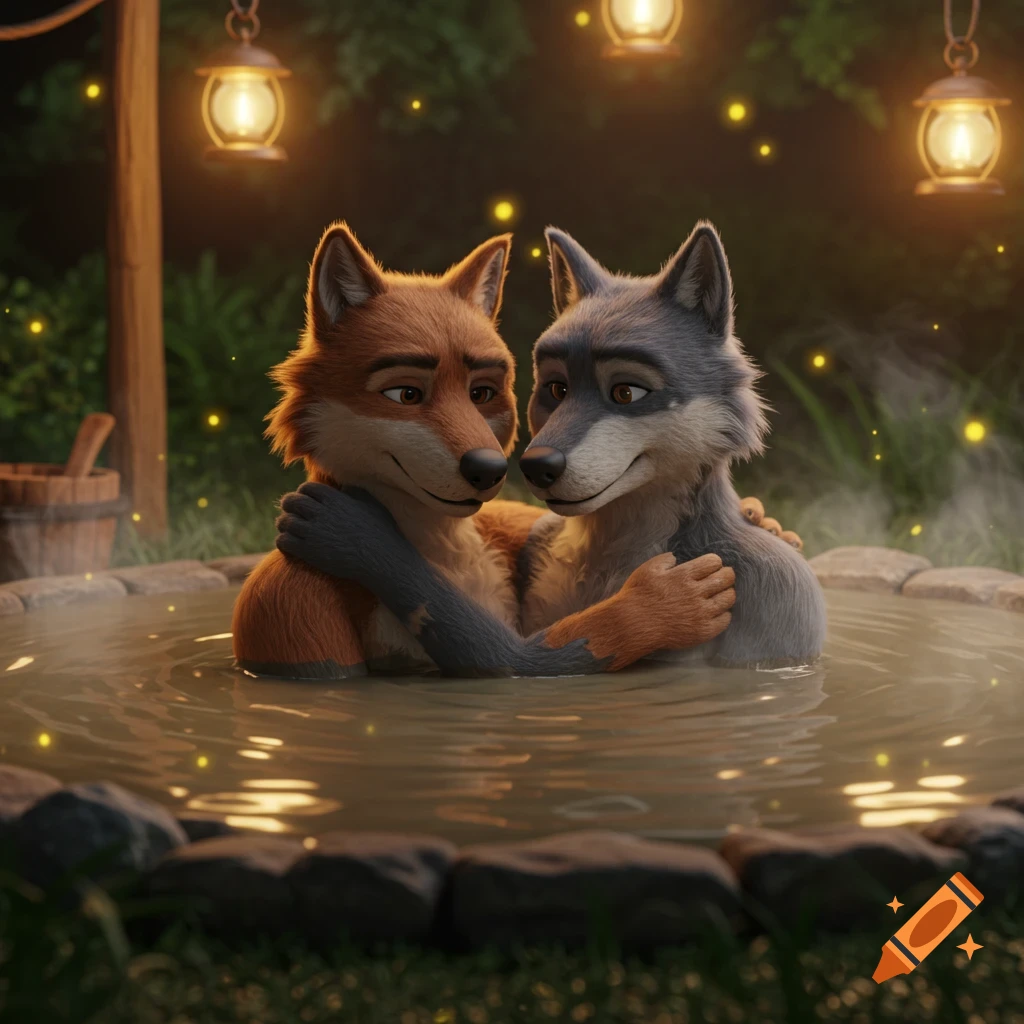 Two anthropomorphic fox and wolf characters happily hugging in a steaming outdoor hot tub at night, with lanterns and fireflies.