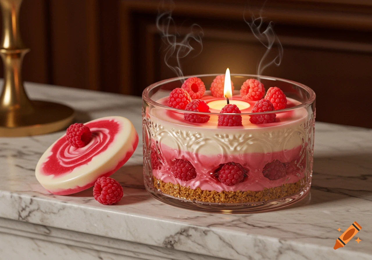 A lit raspberry cheesecake scented candle in a decorative glass container, with a swirl-patterned wax piece and loose raspberries on a marble counter.