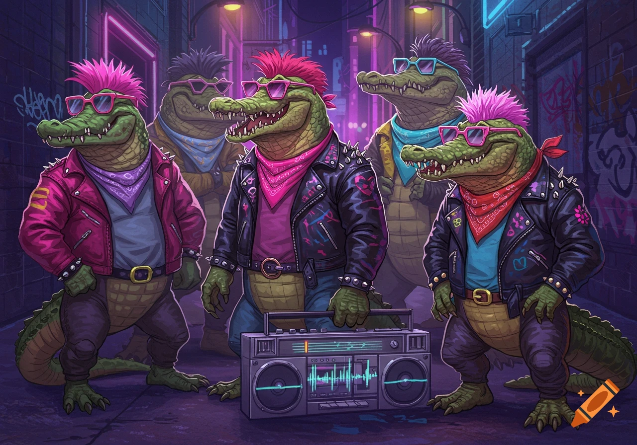 Five anthropomorphic green alligators with punk mohawks and sunglasses, wearing studded leather jackets and bandanas, stand in a neon-lit alley with a boombox.